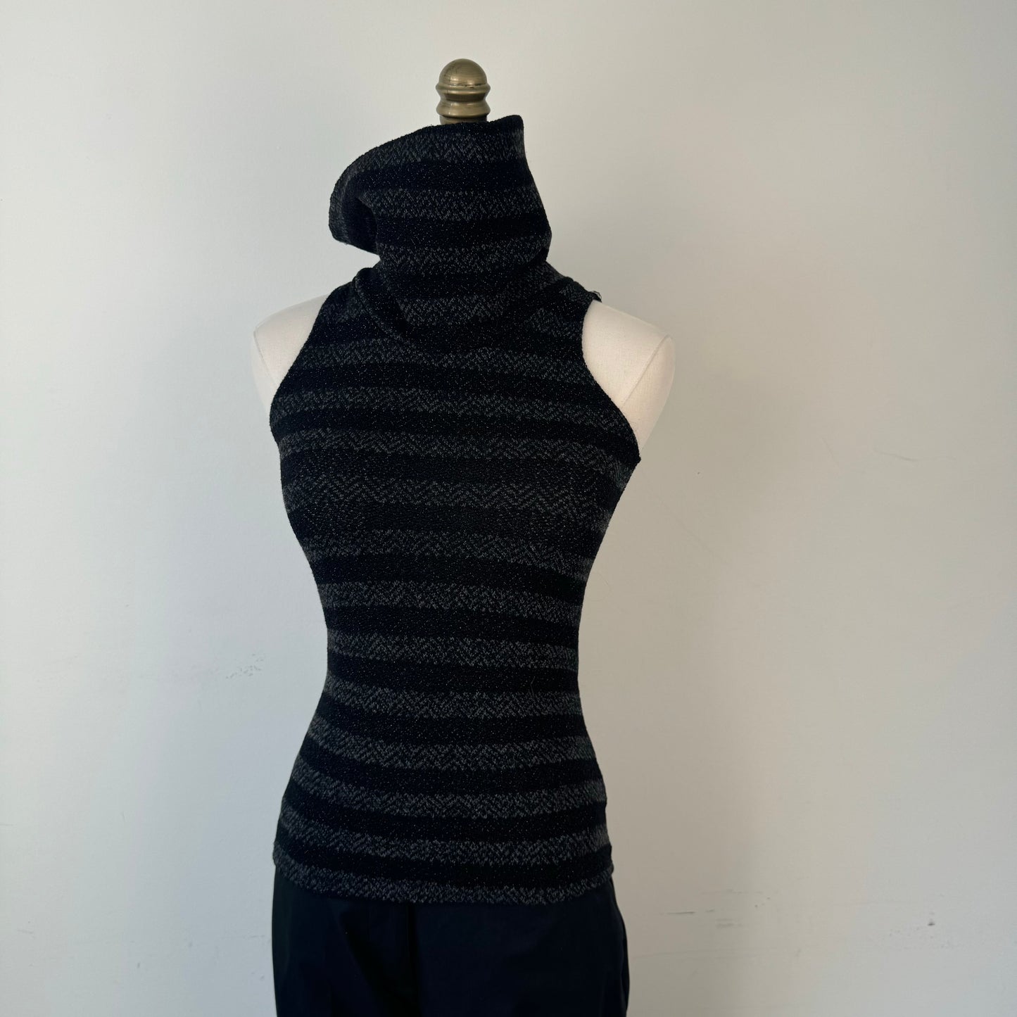 Black and Grey Striped Sleeveless Knit Turtleneck Top