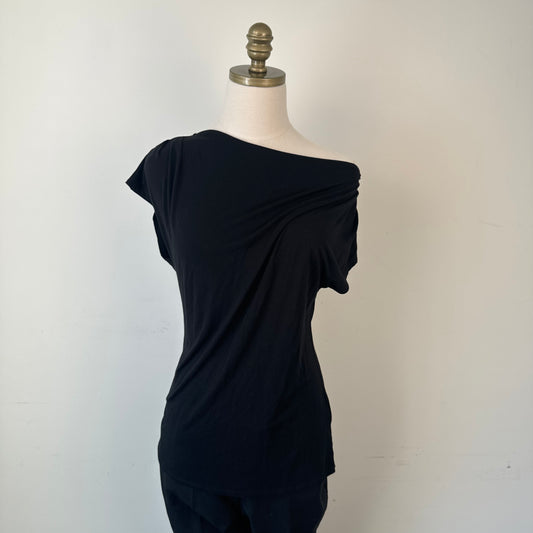 Black Drapey Off Shoulder Cowl Neck Short Sleeve Top