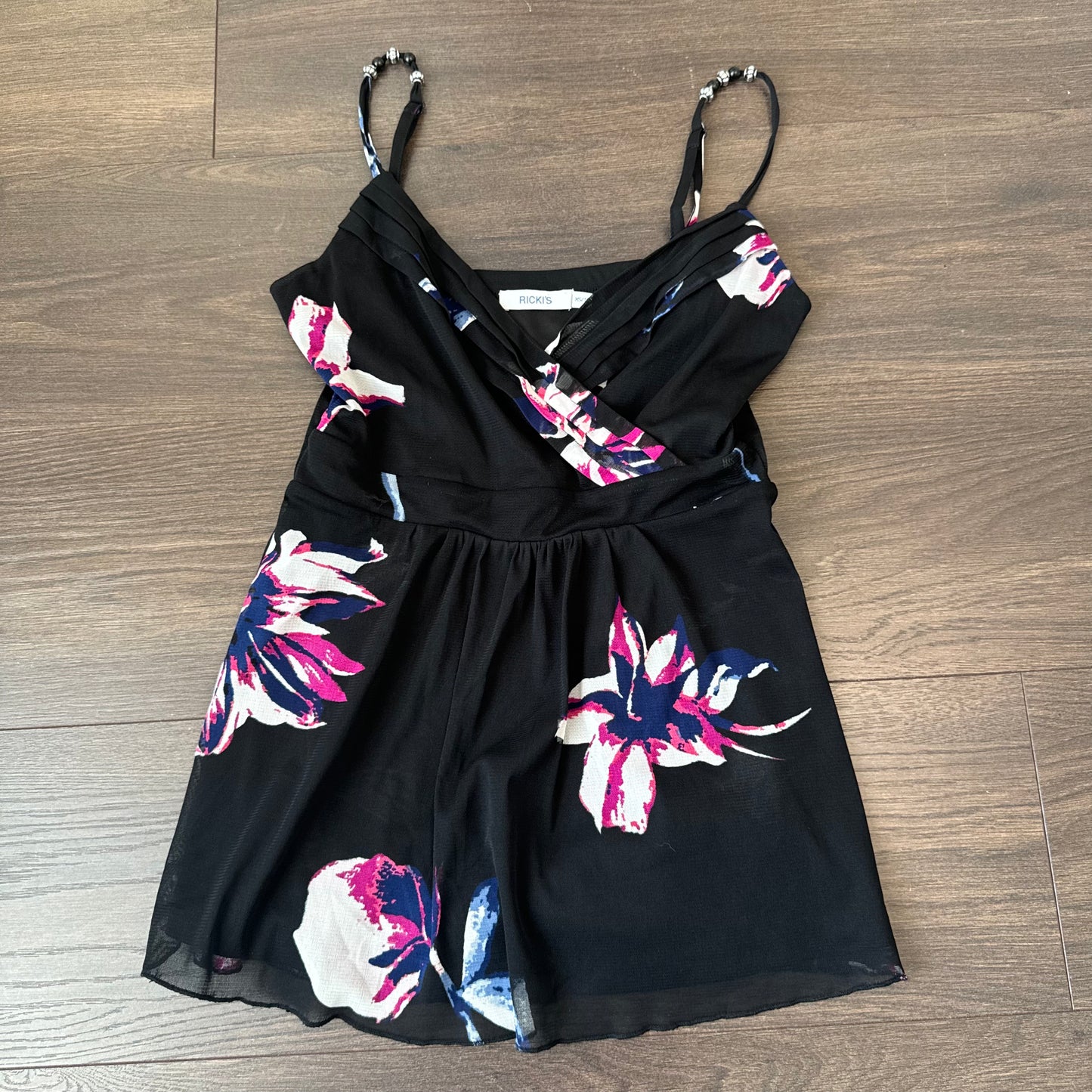 Black Mesh Floral Beaded Babydoll Cami Top