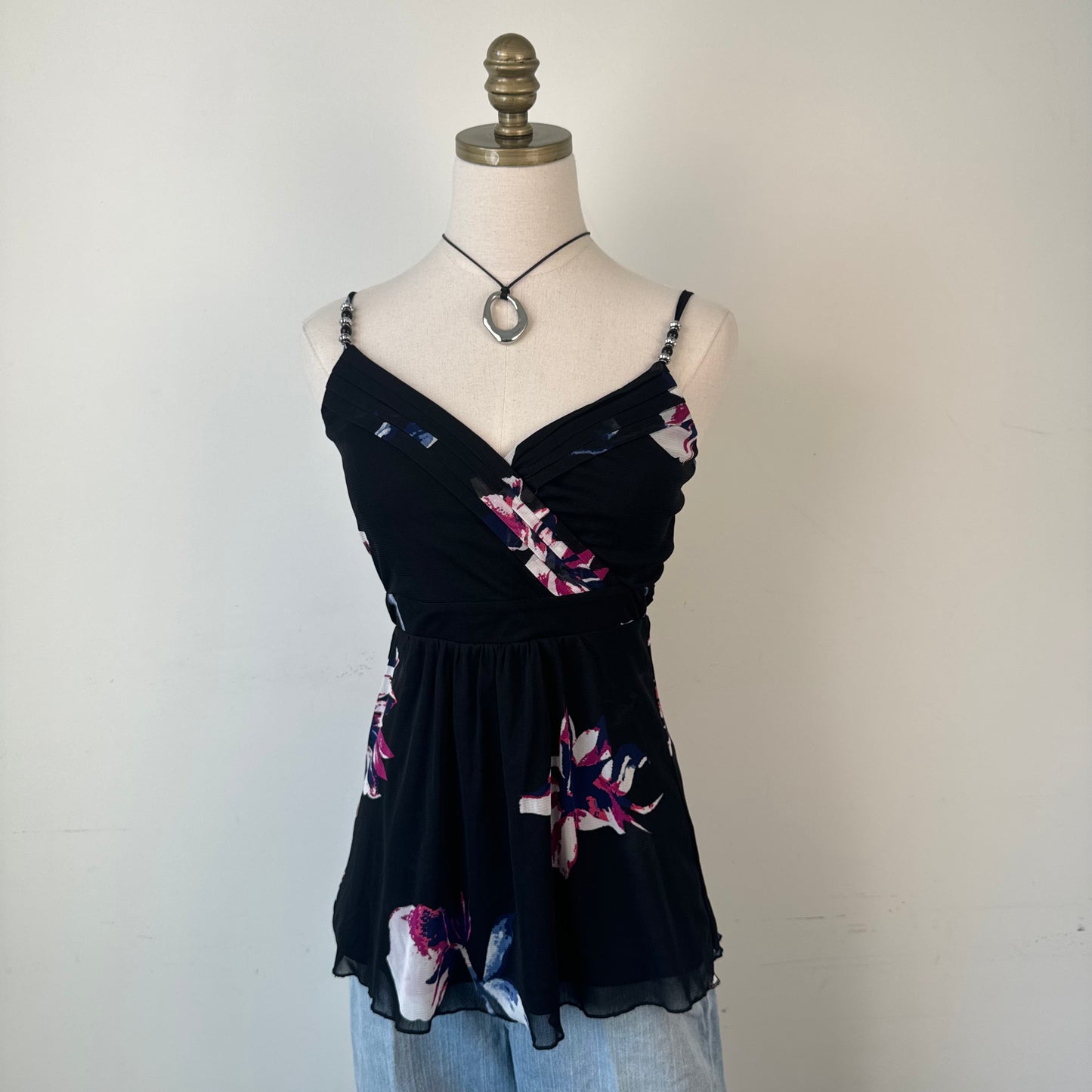 Black Mesh Floral Beaded Babydoll Cami Top