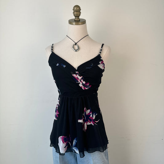 Black Mesh Floral Beaded Babydoll Cami Top