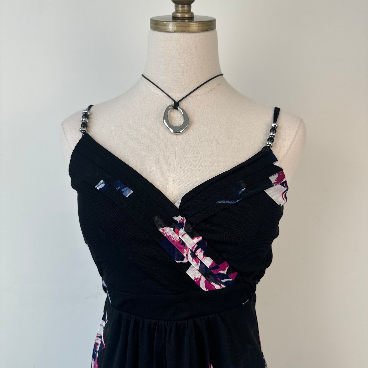 Black Mesh Floral Beaded Babydoll Cami Top
