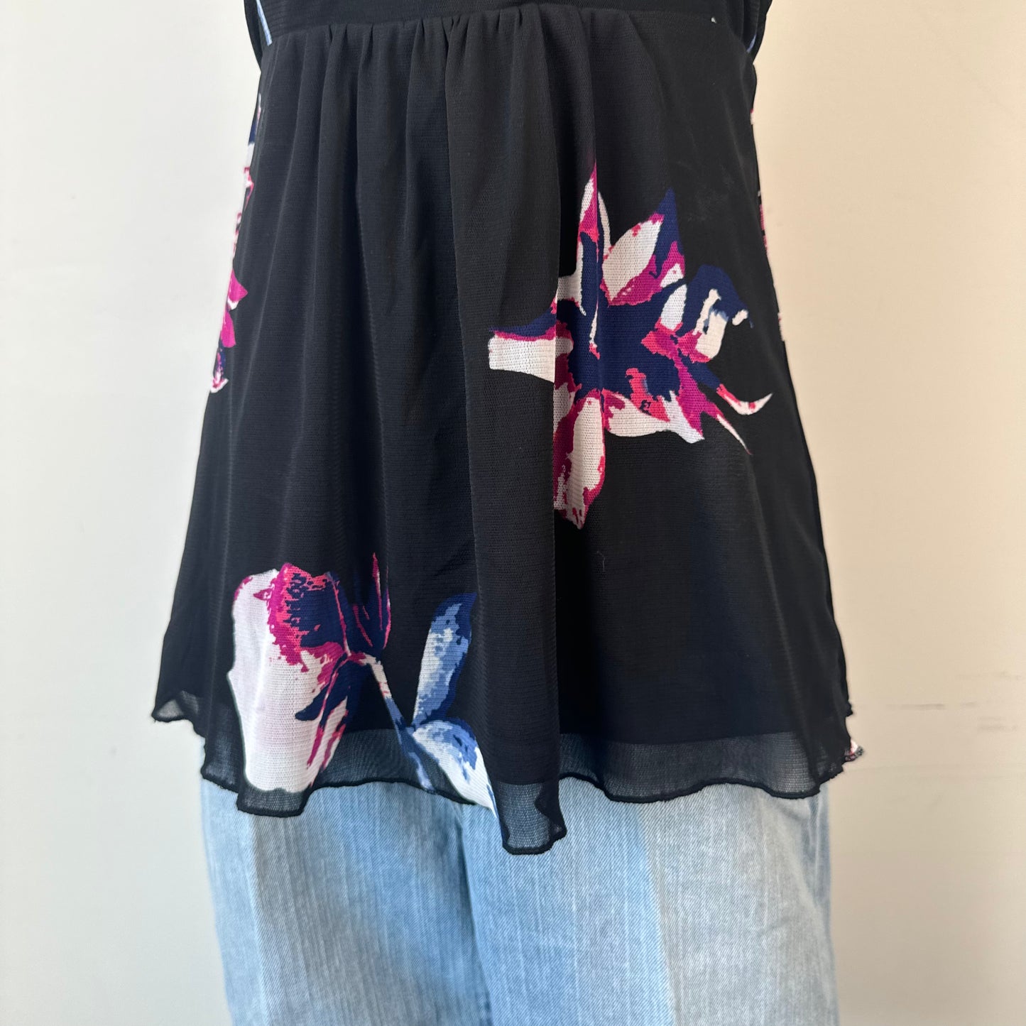 Black Mesh Floral Beaded Babydoll Cami Top