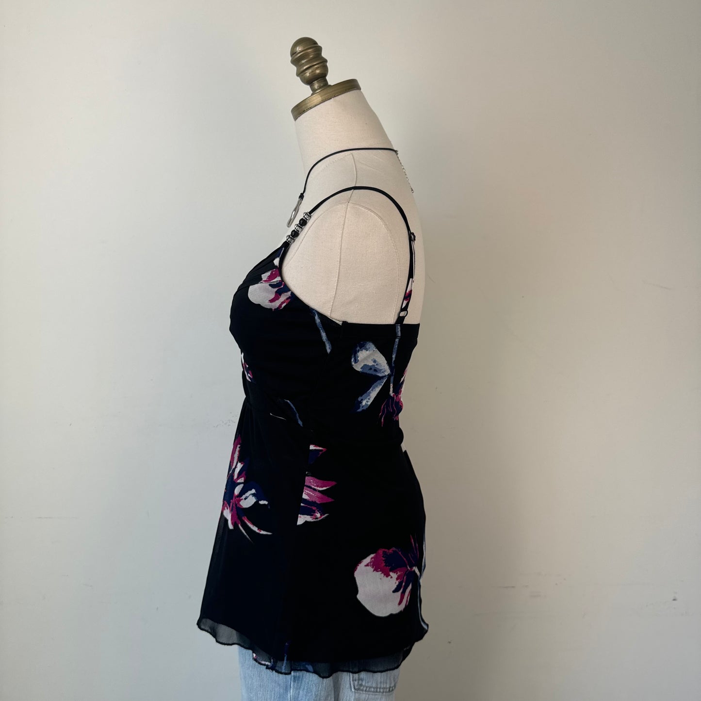 Black Mesh Floral Beaded Babydoll Cami Top