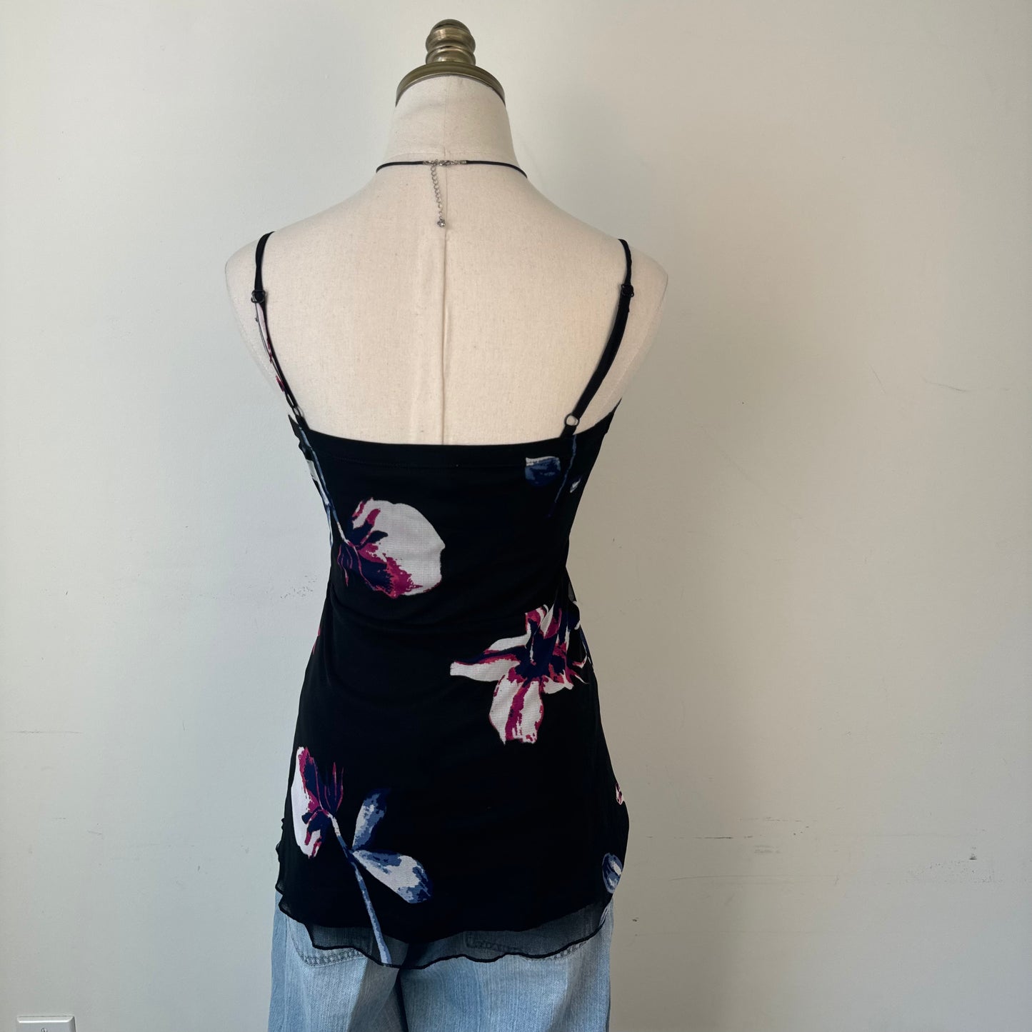 Black Mesh Floral Beaded Babydoll Cami Top