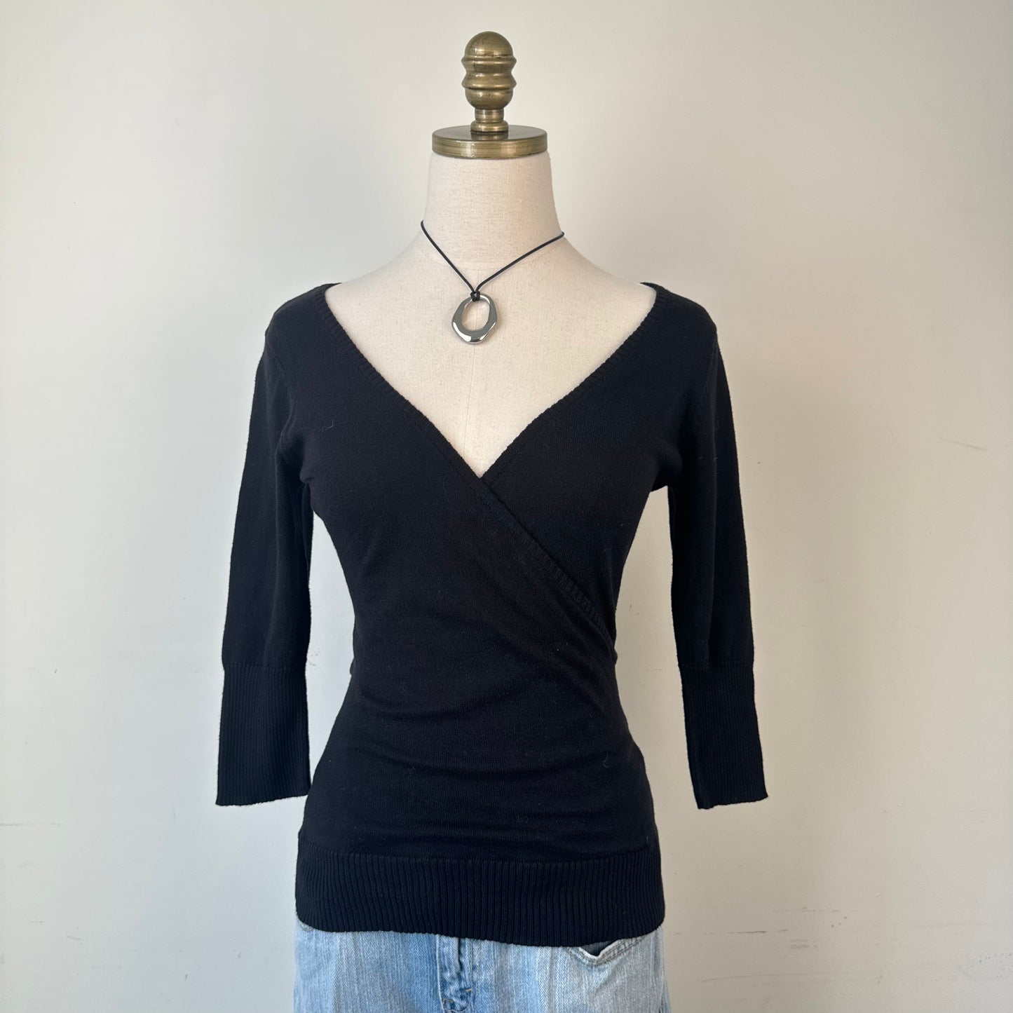 Vintage Three Quarter Sleeve Plunge Neck Sweater Top