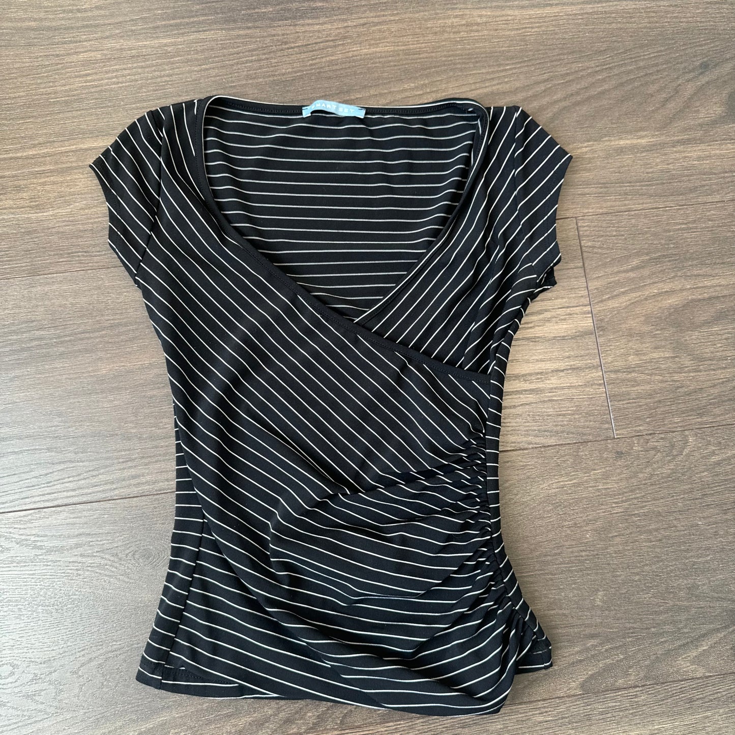 Black Striped Fitted Wrap Cinched Top