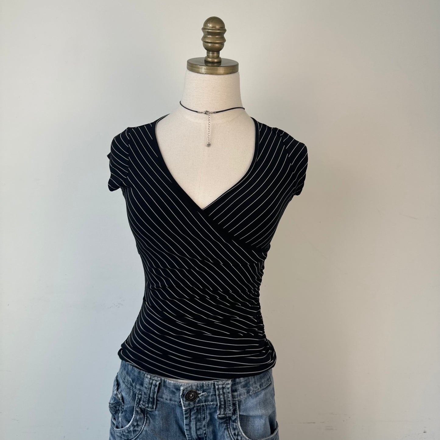 Black Striped Fitted Wrap Cinched Top