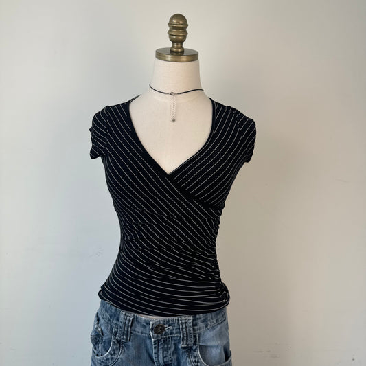 Black Striped Fitted Wrap Cinched Top