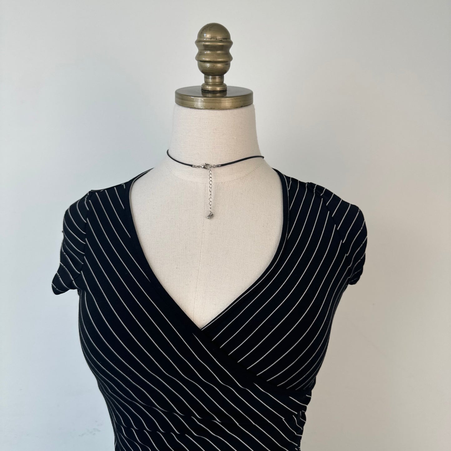 Black Striped Fitted Wrap Cinched Top