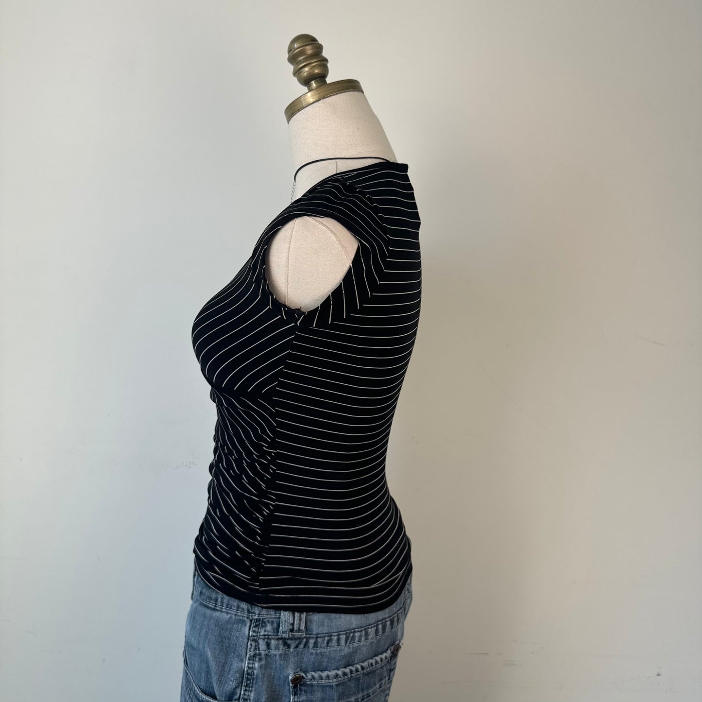 Black Striped Fitted Wrap Cinched Top