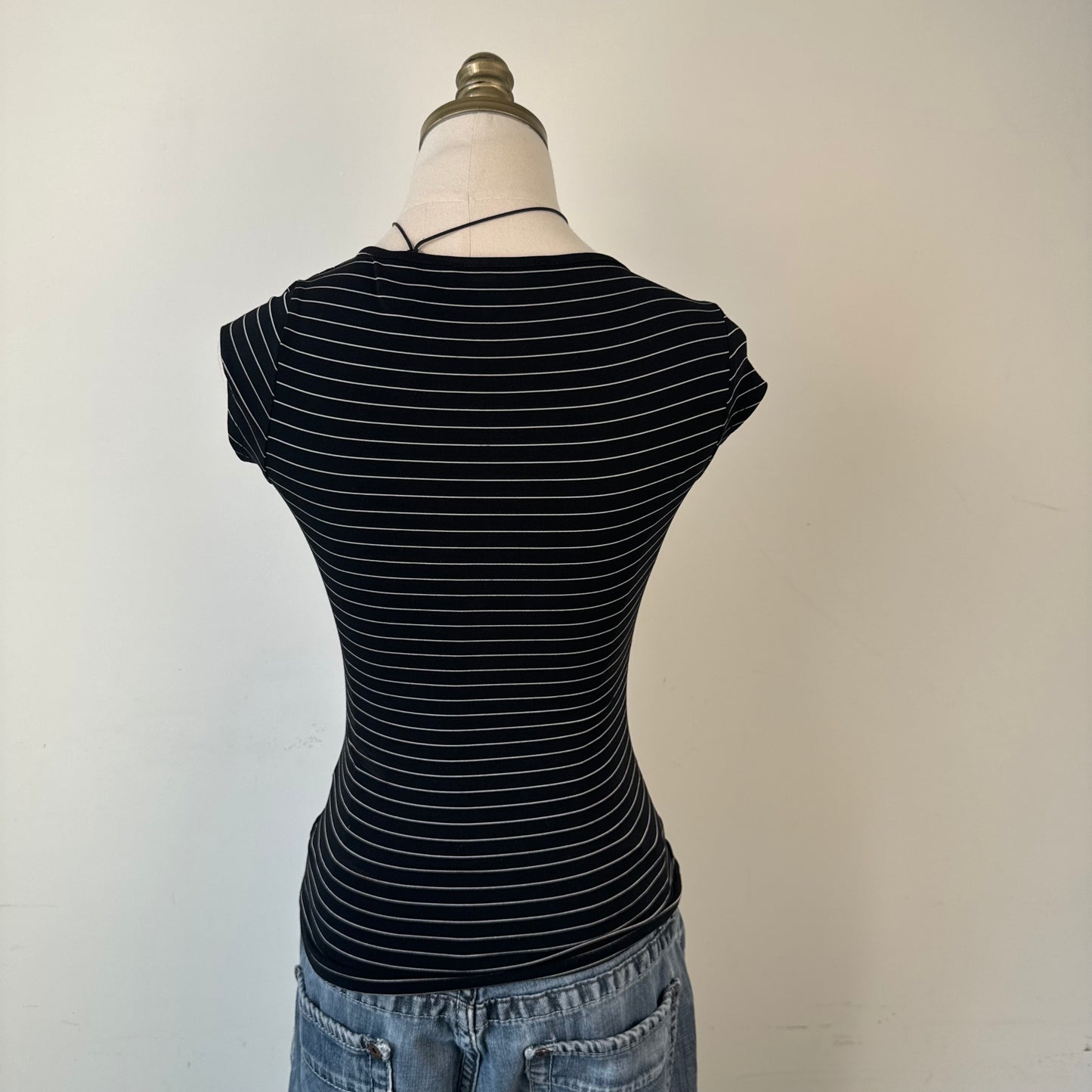 Black Striped Fitted Wrap Cinched Top
