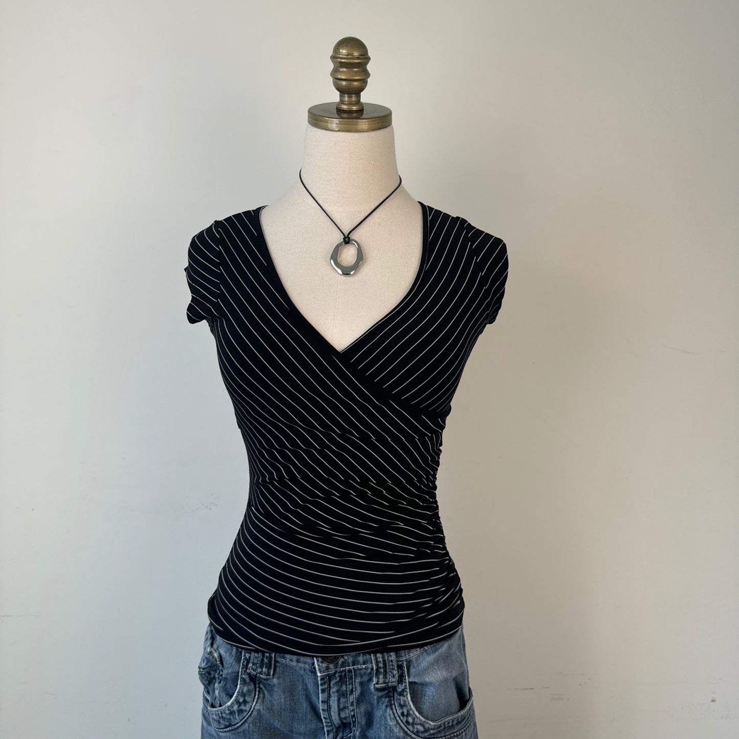 Black Striped Fitted Wrap Cinched Top