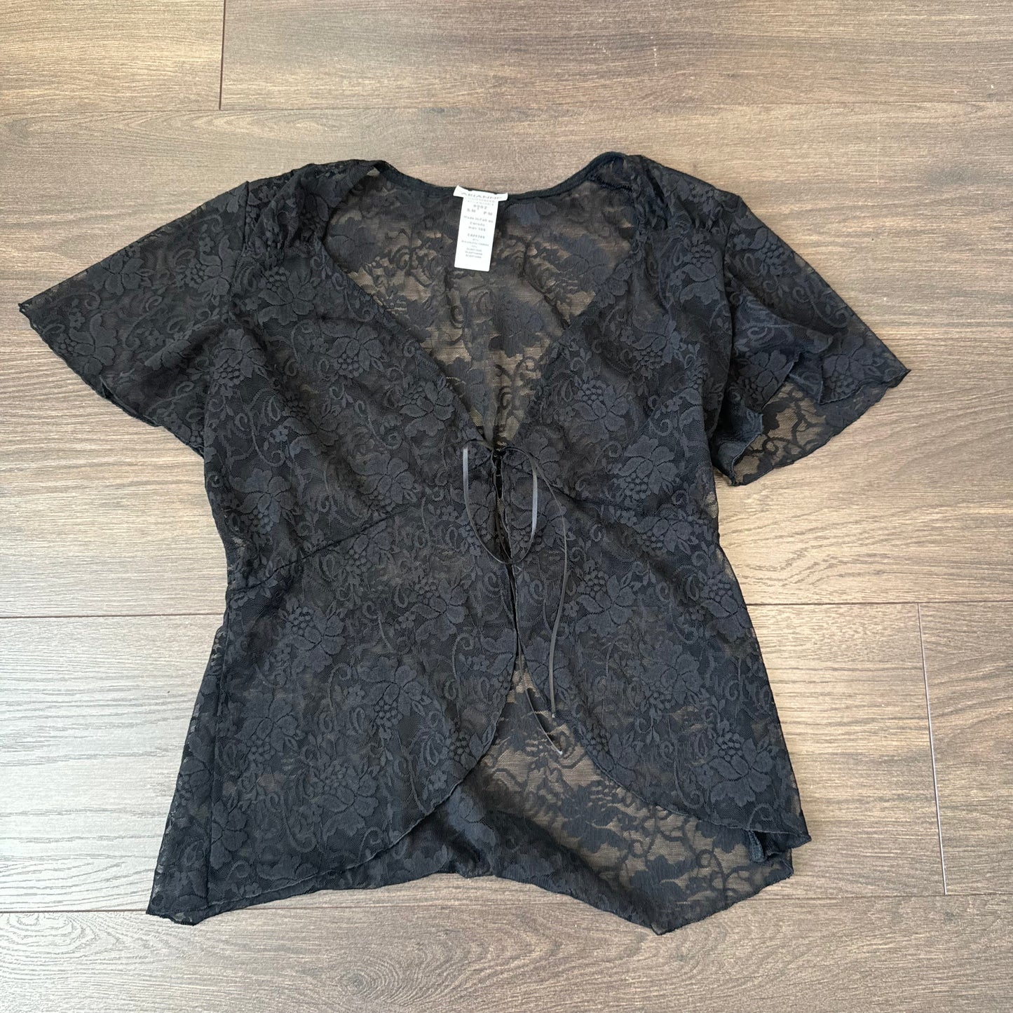 Black Semi Sheer Lace Short Sleeve Tie Up Top