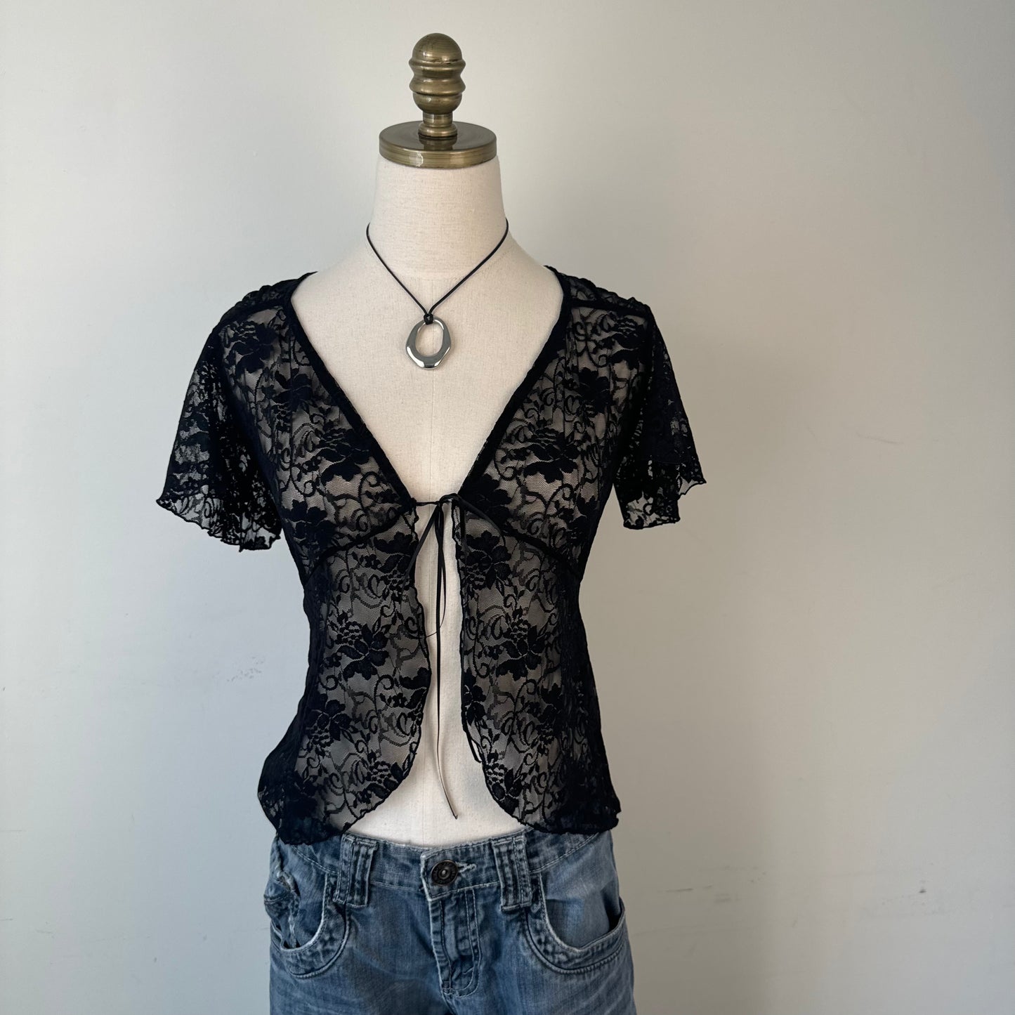 Black Semi Sheer Lace Short Sleeve Tie Up Top