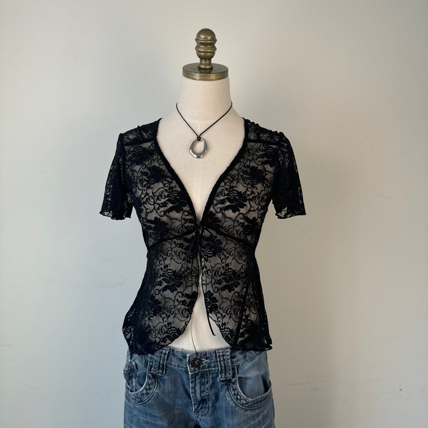 Black Semi Sheer Lace Short Sleeve Tie Up Top
