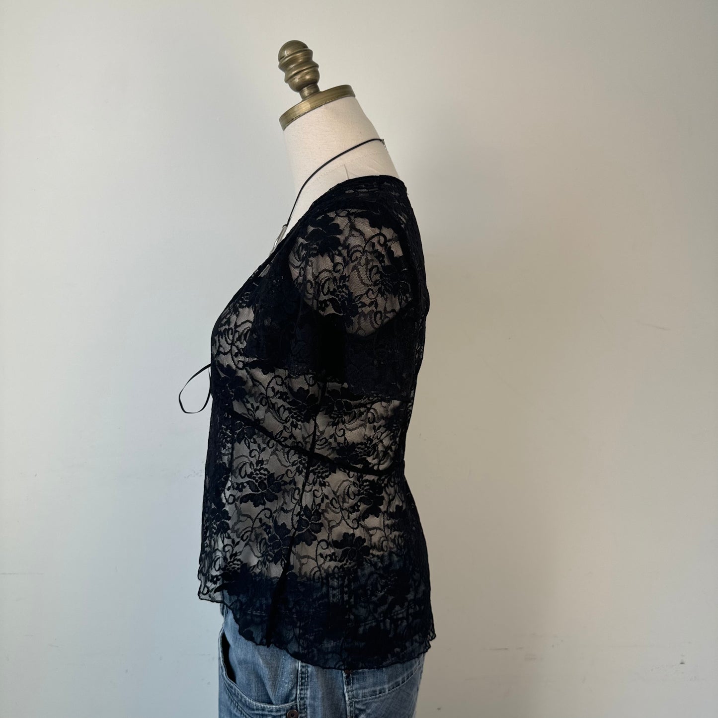 Black Semi Sheer Lace Short Sleeve Tie Up Top
