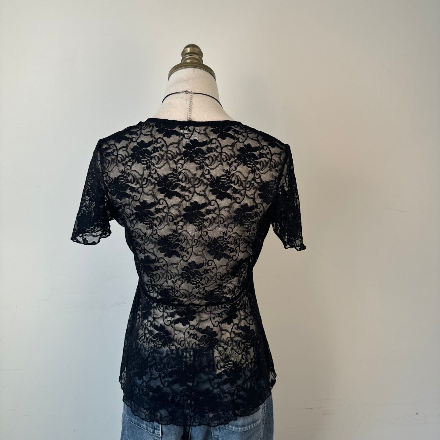 Black Semi Sheer Lace Short Sleeve Tie Up Top