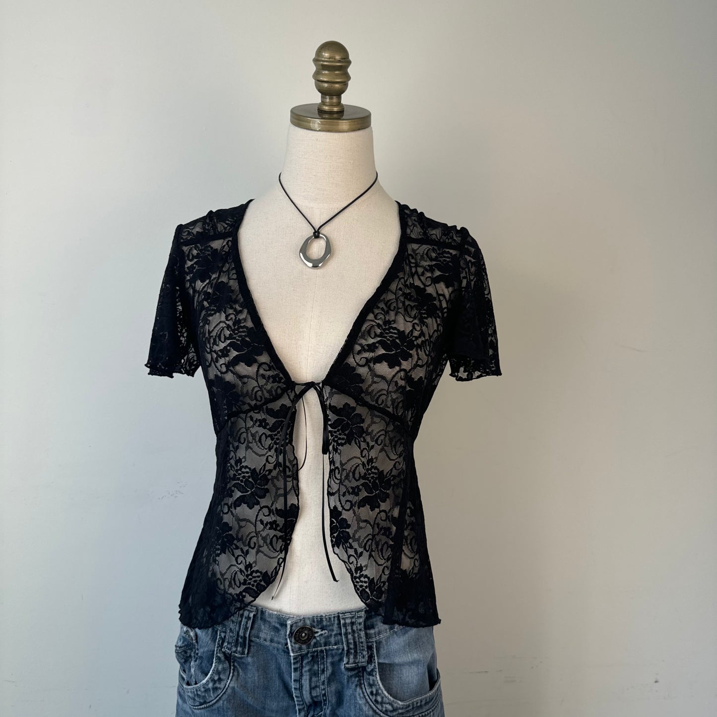 Black Semi Sheer Lace Short Sleeve Tie Up Top