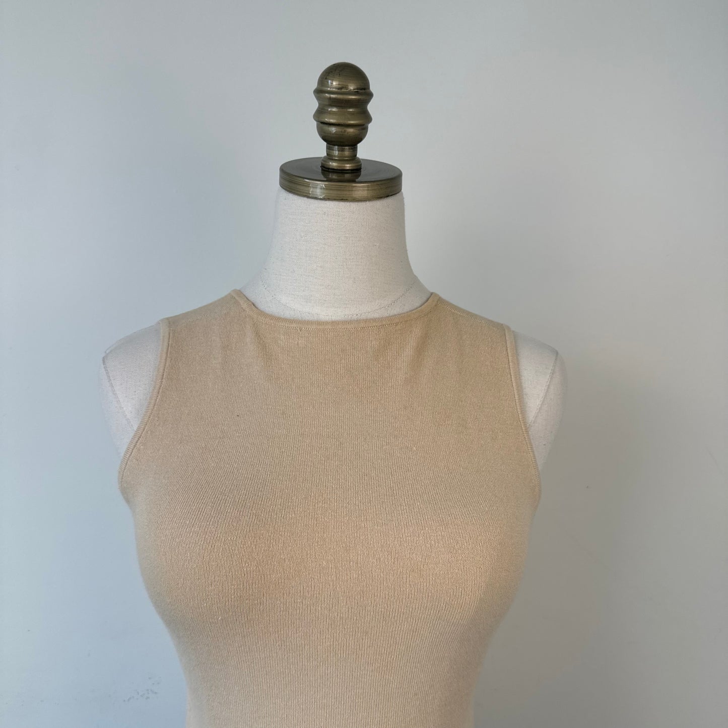 Cream Boat Neck Fitted Sleeveless Top