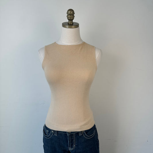 Cream Boat Neck Fitted Sleeveless Top