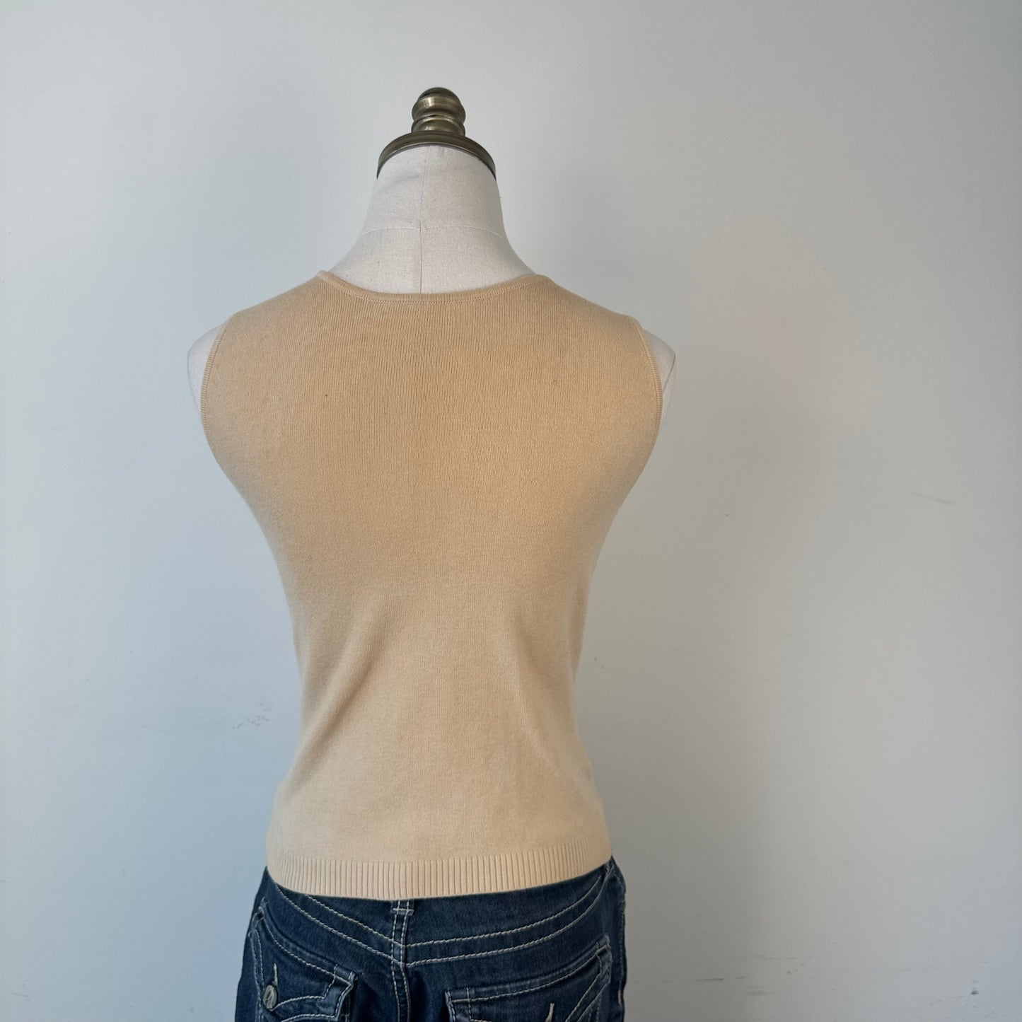 Cream Boat Neck Fitted Sleeveless Top
