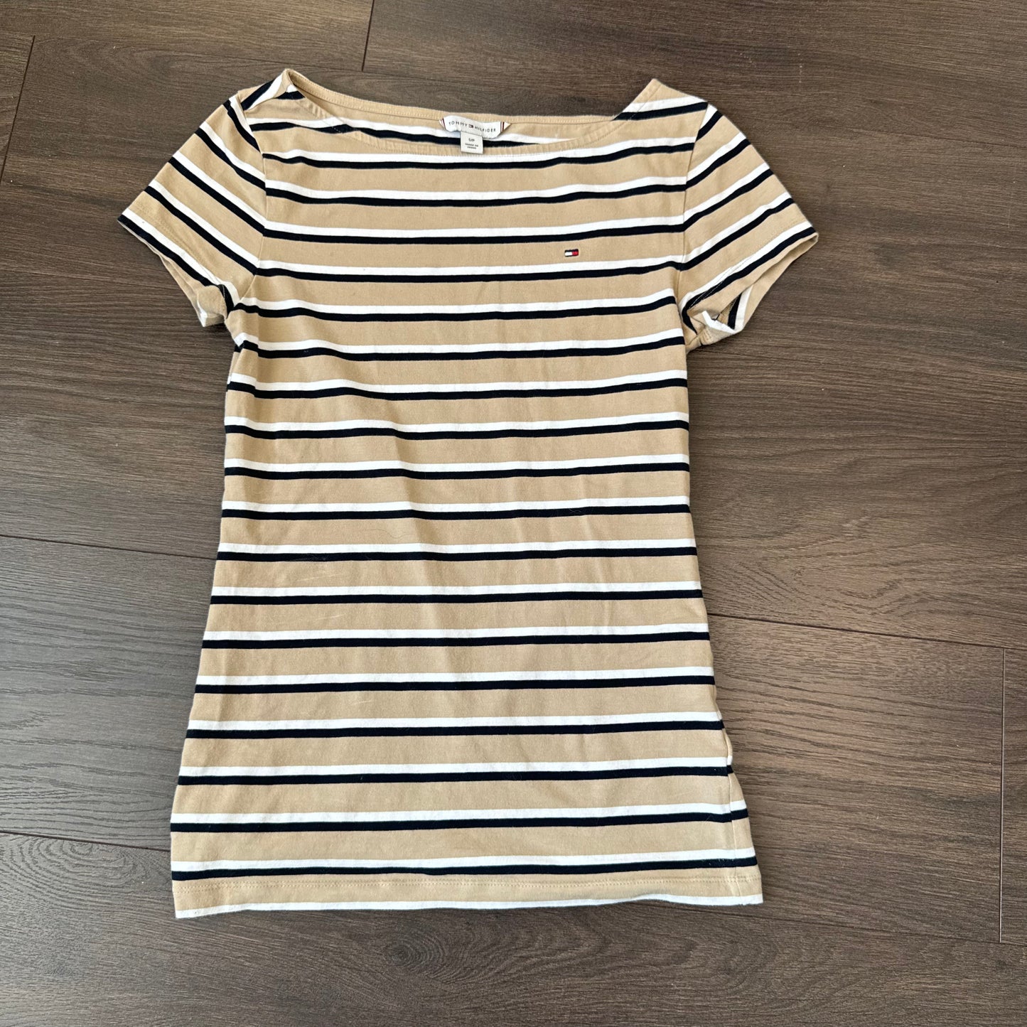 Tommy Hilfiger Beige Striped Boat Neck Fitted Top