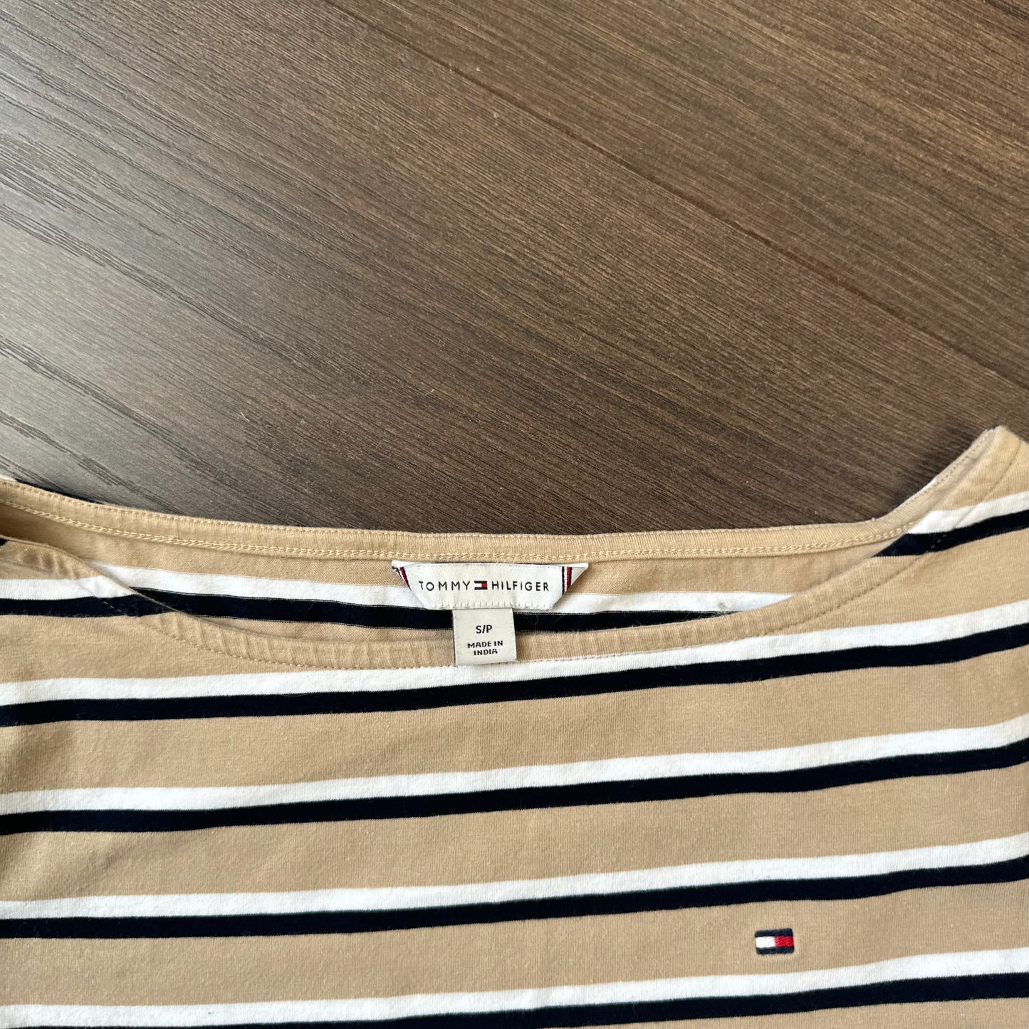 Tommy Hilfiger Beige Striped Boat Neck Fitted Top