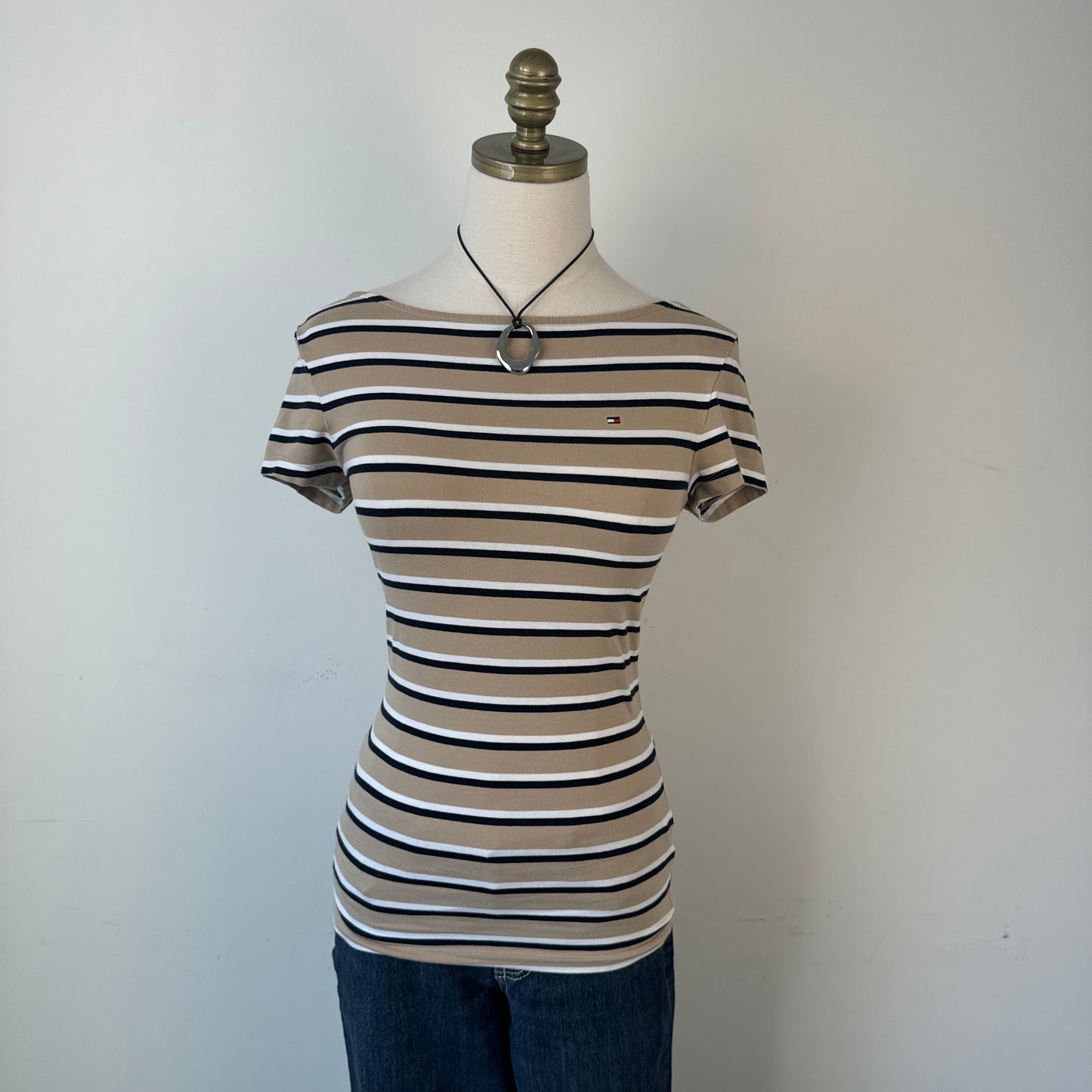 Tommy Hilfiger Beige Striped Boat Neck Fitted Top