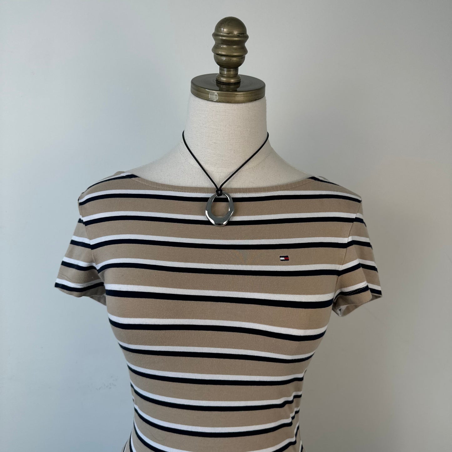 Tommy Hilfiger Beige Striped Boat Neck Fitted Top
