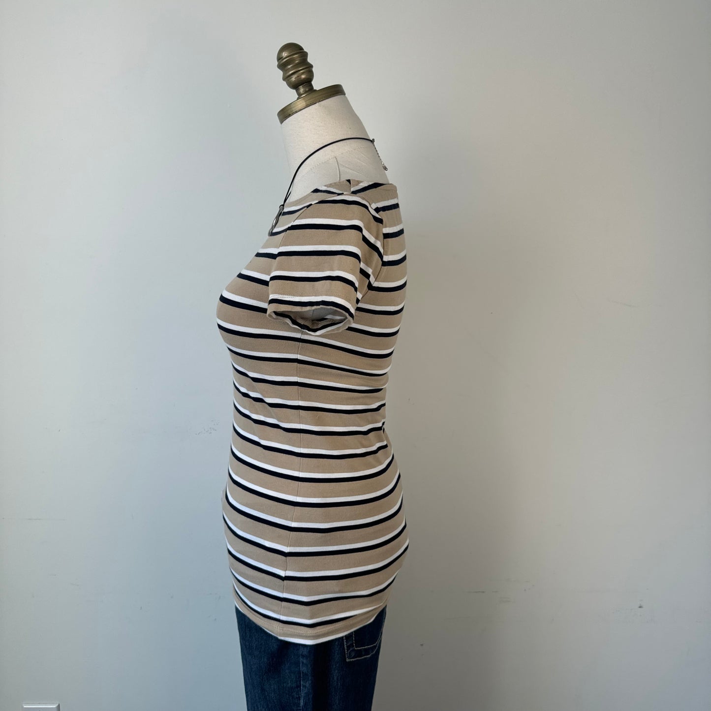 Tommy Hilfiger Beige Striped Boat Neck Fitted Top