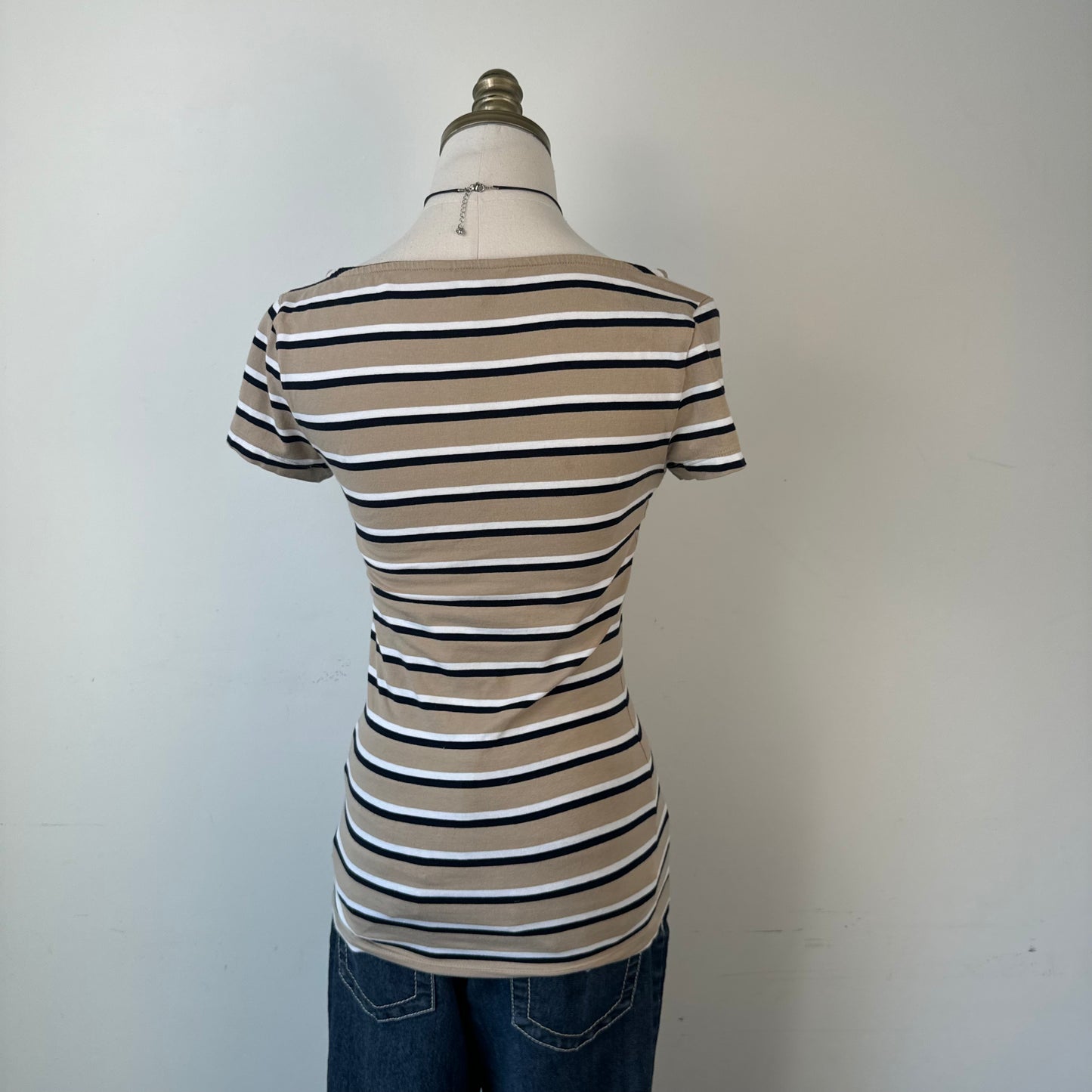 Tommy Hilfiger Beige Striped Boat Neck Fitted Top