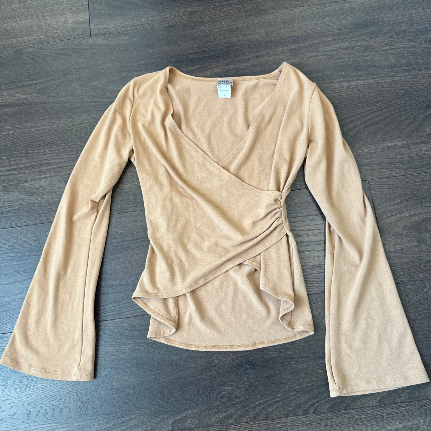 Vintage Tan Bell Sleeve Fitted Ballet Wrap Top
