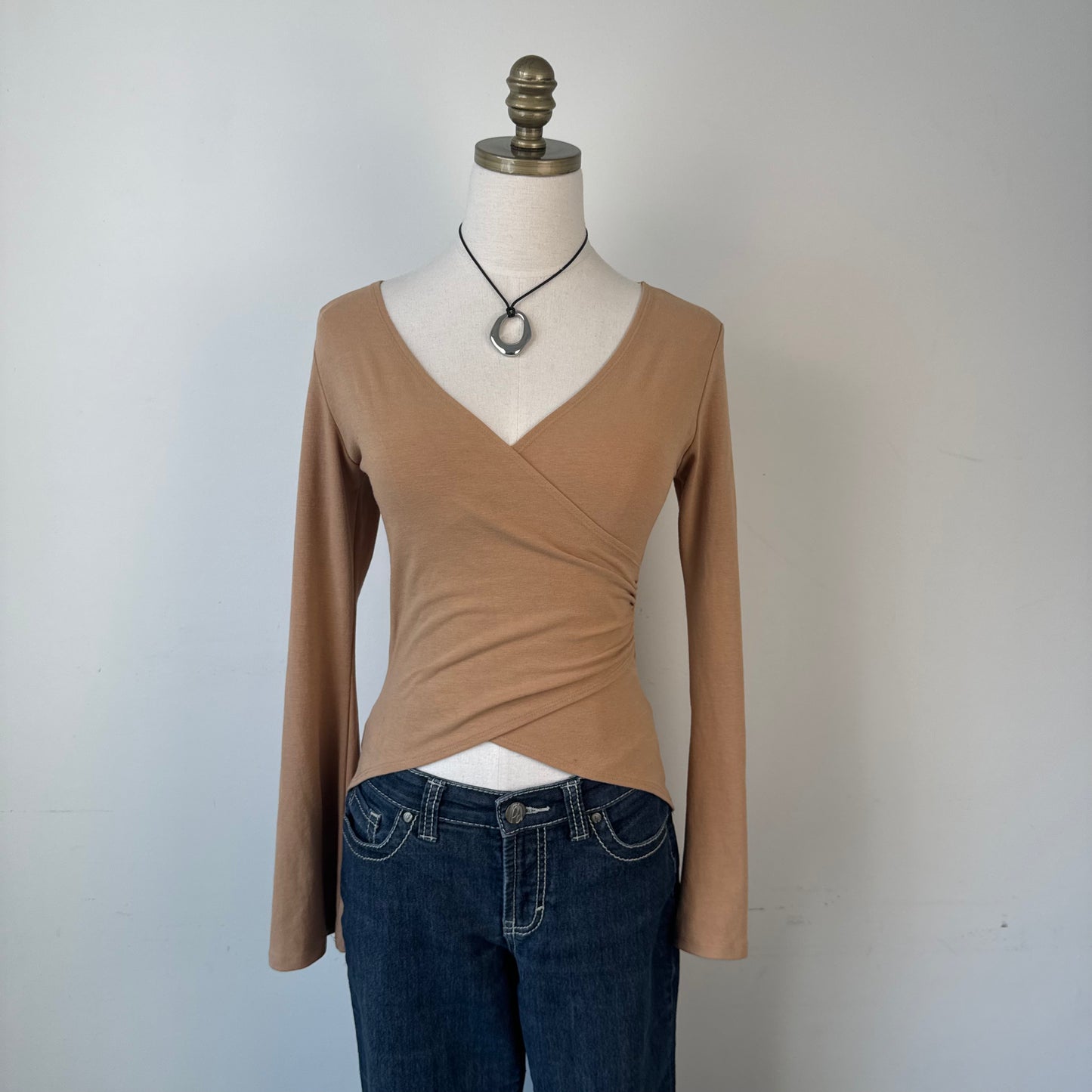 Vintage Tan Bell Sleeve Fitted Ballet Wrap Top