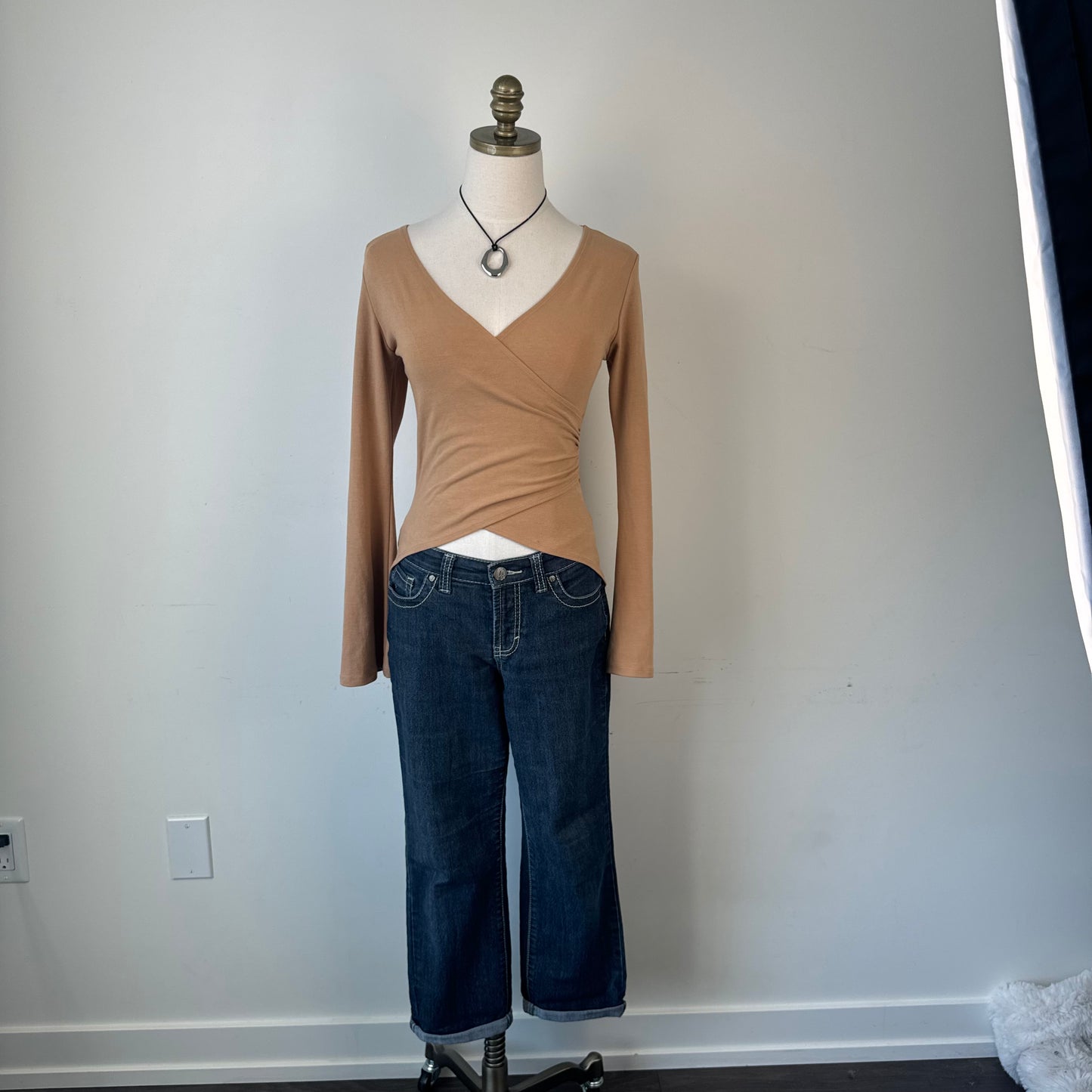 Vintage Tan Bell Sleeve Fitted Ballet Wrap Top