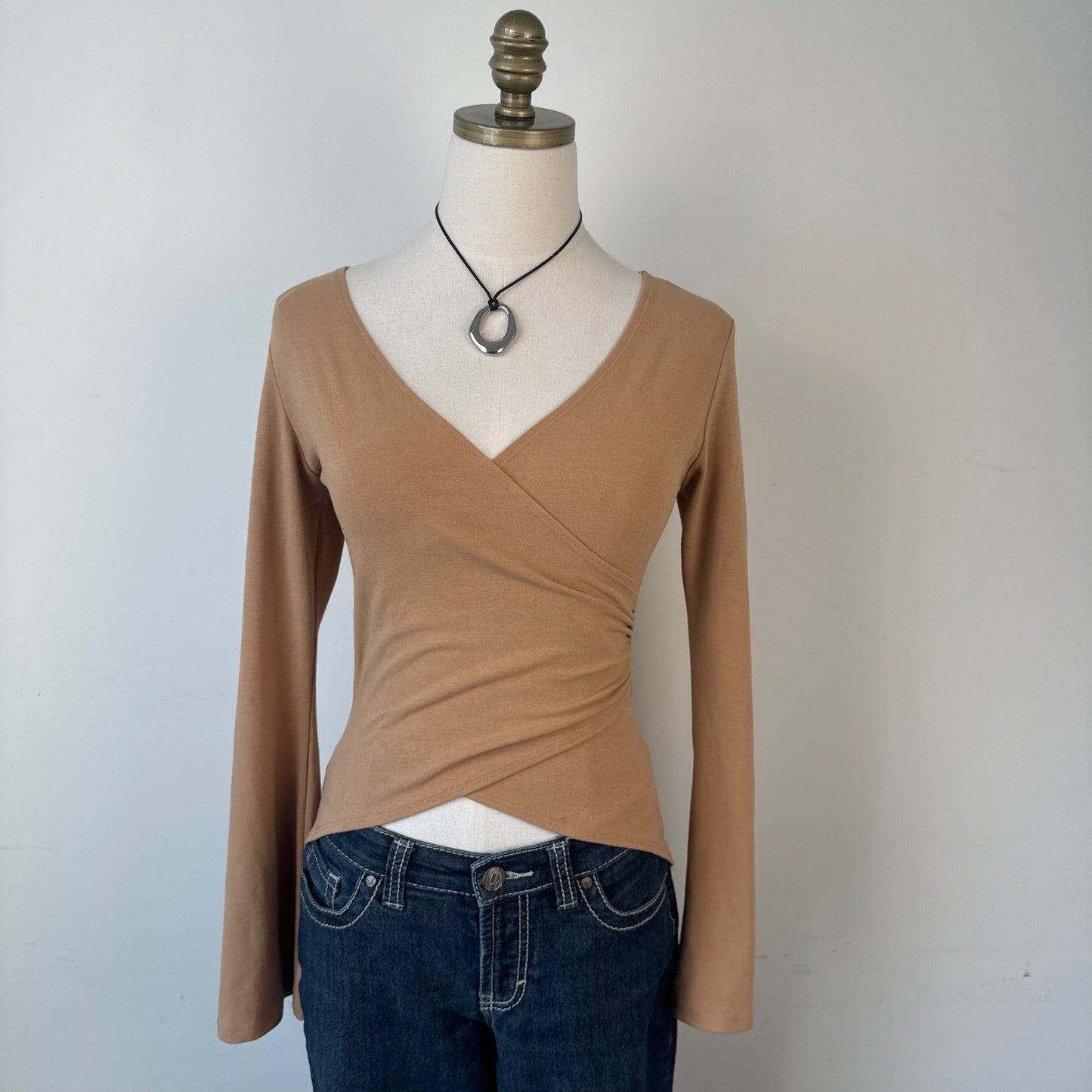Vintage Tan Bell Sleeve Fitted Ballet Wrap Top
