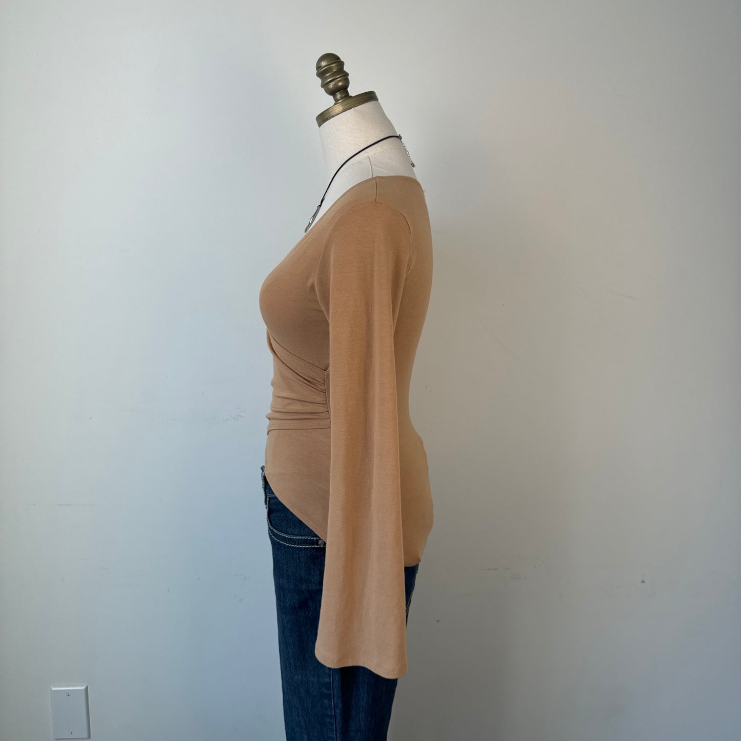 Vintage Tan Bell Sleeve Fitted Ballet Wrap Top