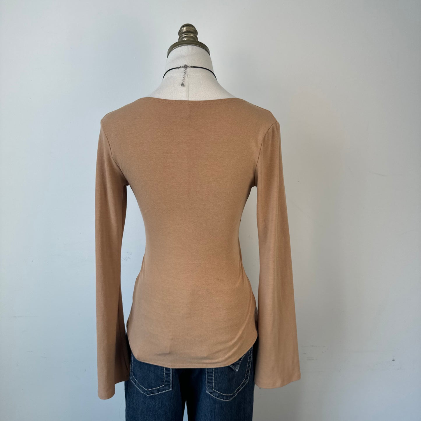 Vintage Tan Bell Sleeve Fitted Ballet Wrap Top