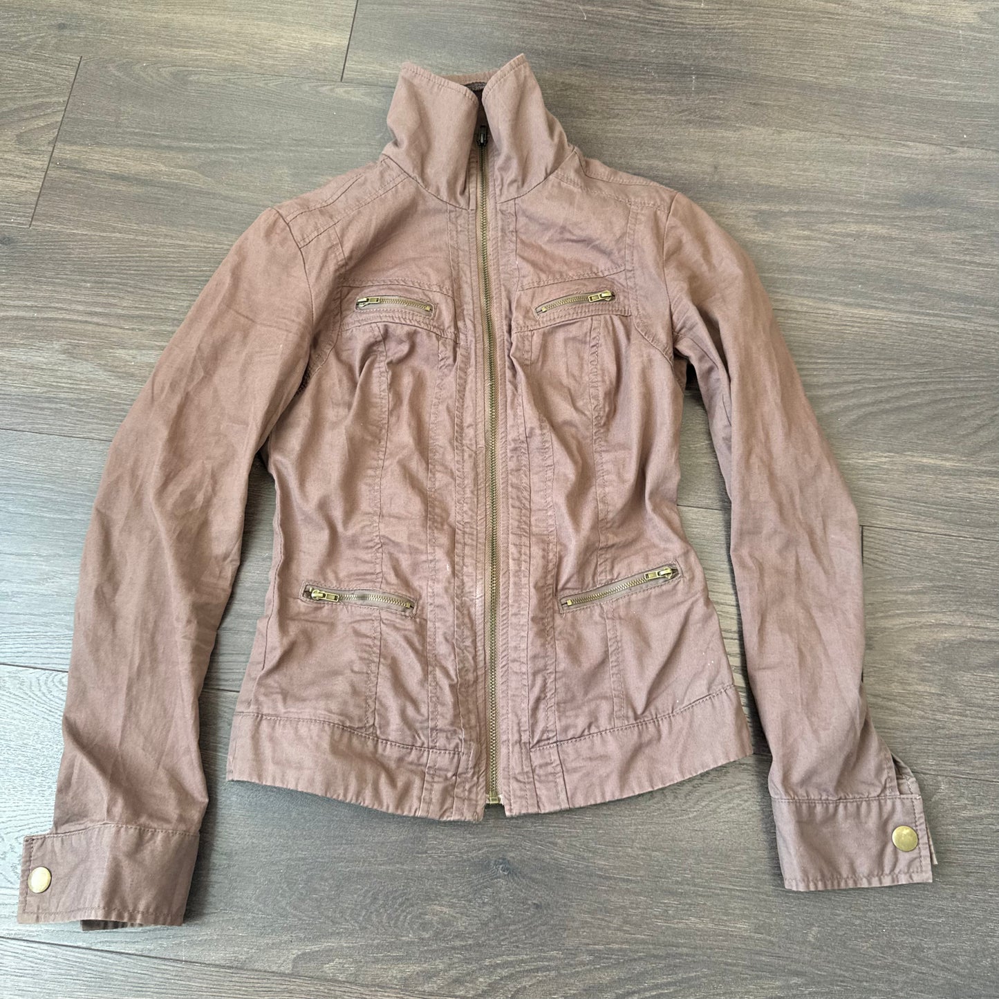 Brown Fitted Moto Zip Up Utility Jacket