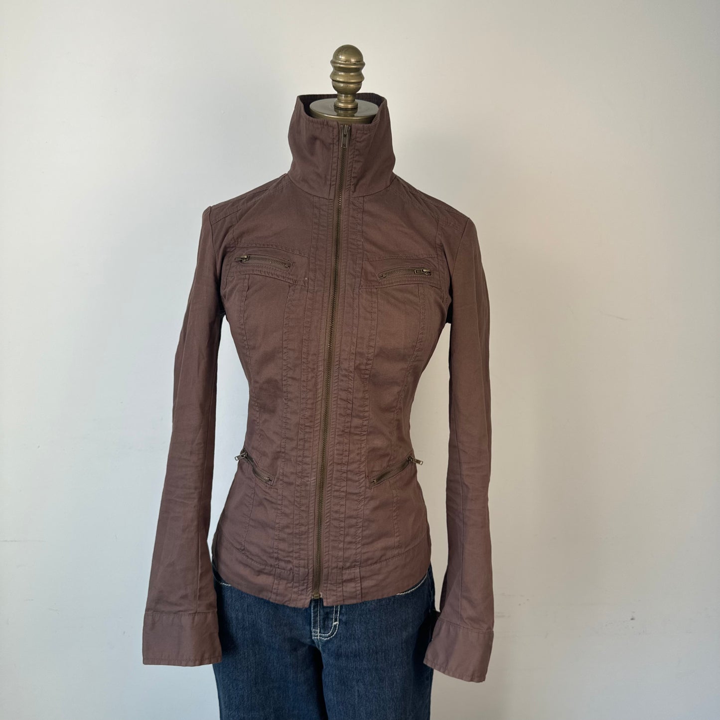 Brown Fitted Moto Zip Up Utility Jacket