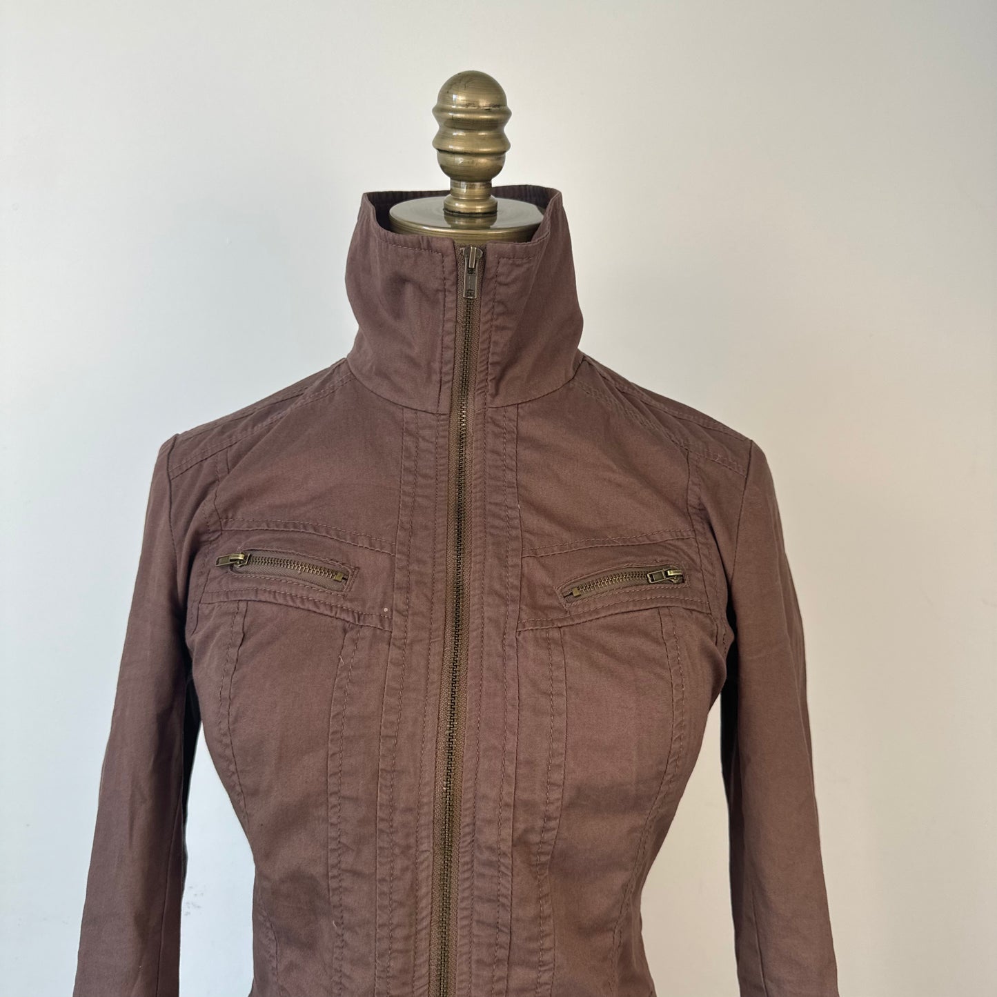 Brown Fitted Moto Zip Up Utility Jacket