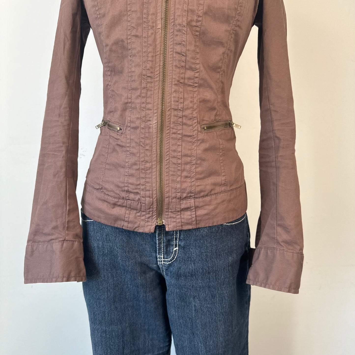 Brown Fitted Moto Zip Up Utility Jacket