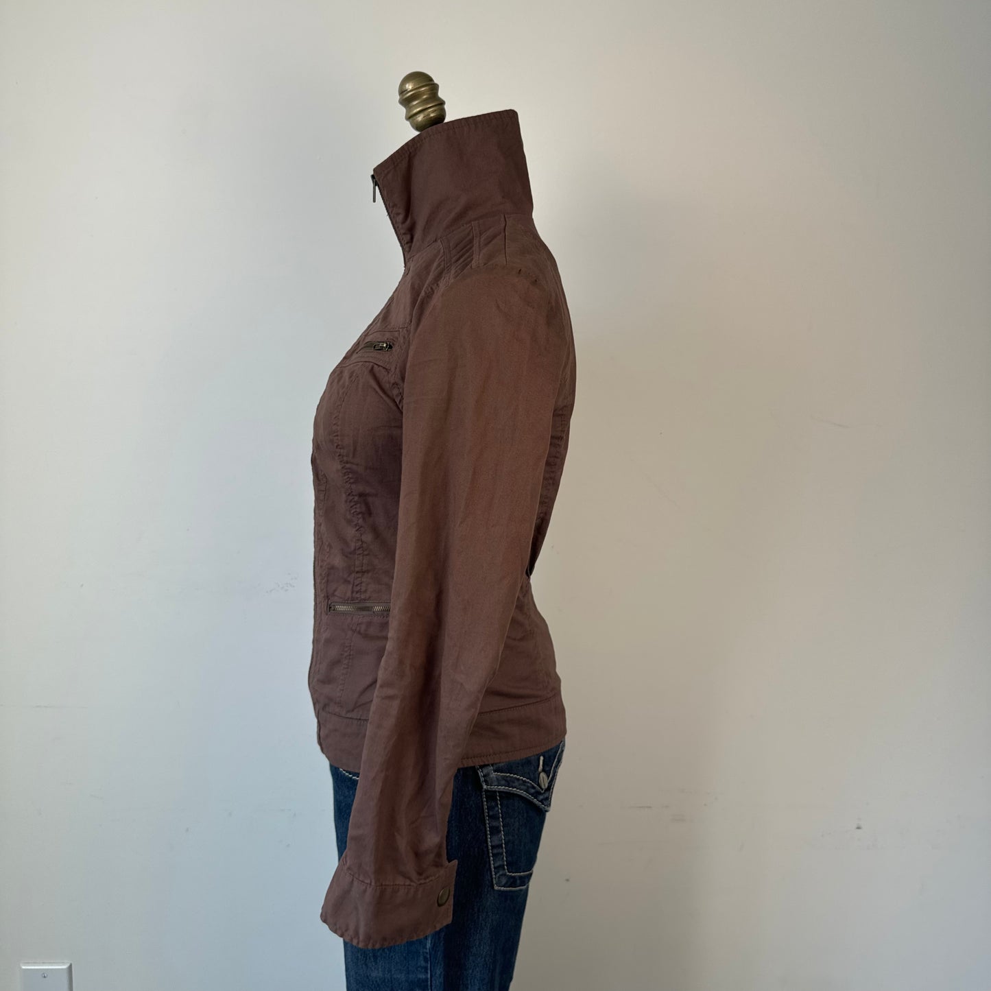 Brown Fitted Moto Zip Up Utility Jacket