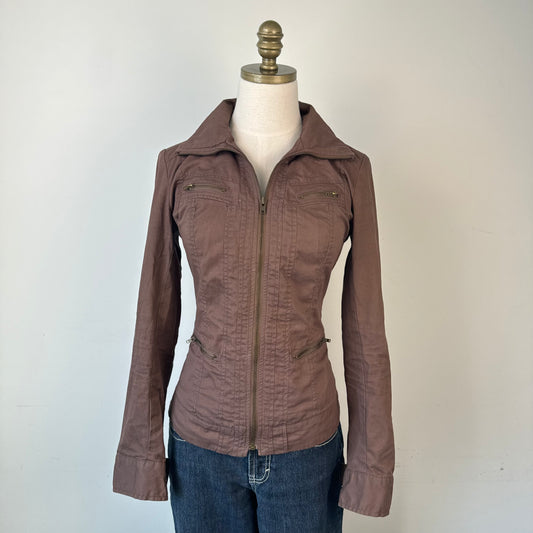Brown Fitted Moto Zip Up Utility Jacket
