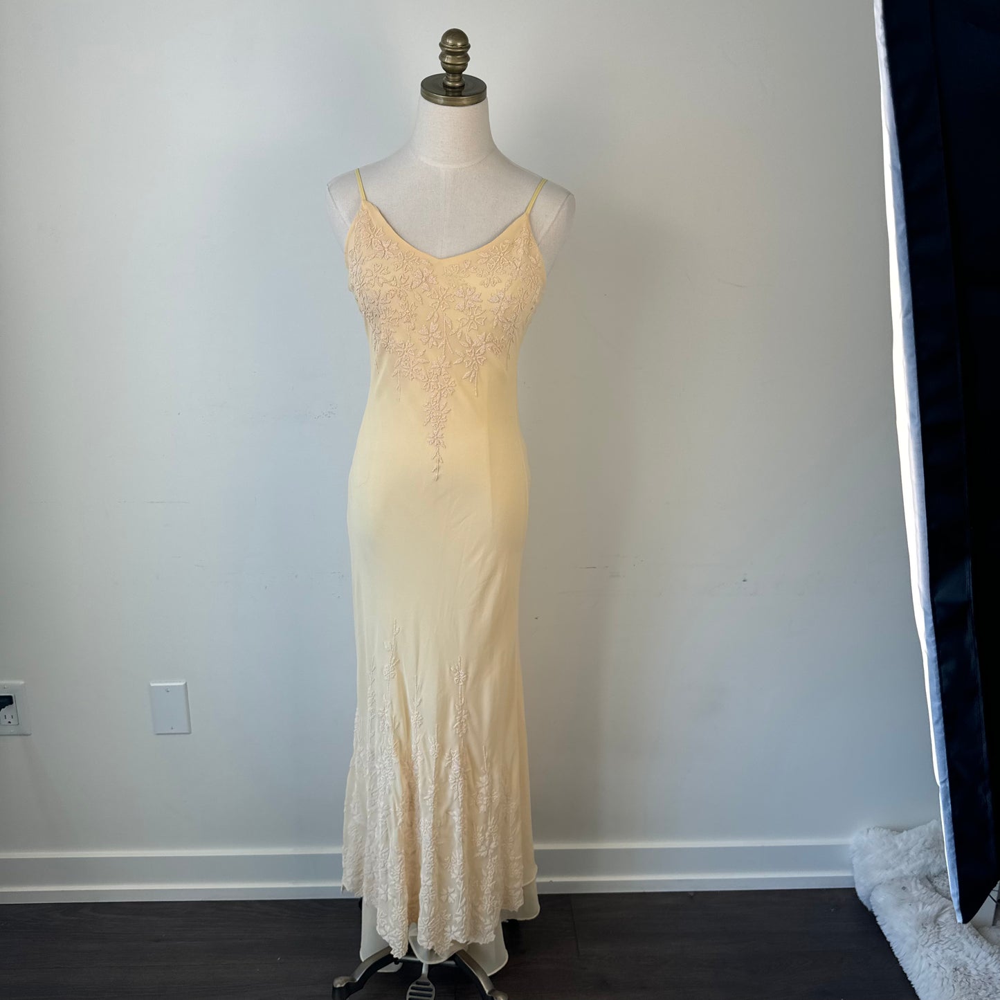 Vintage Butter Yellow Chiffon Beaded Mesh Maxi Dress