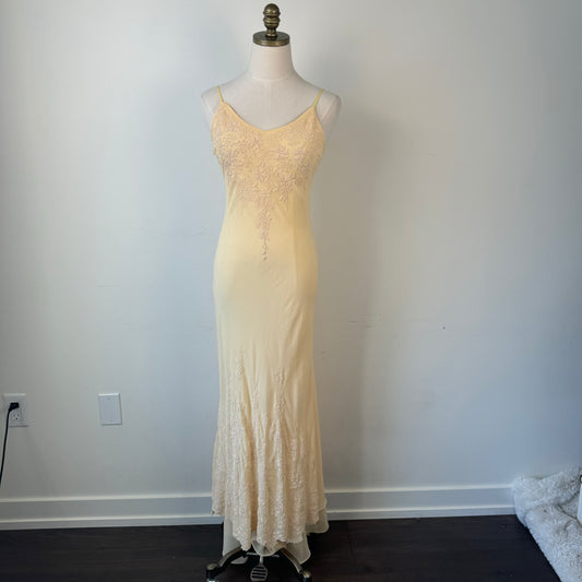 Vintage Butter Yellow Chiffon Beaded Mesh Maxi Dress