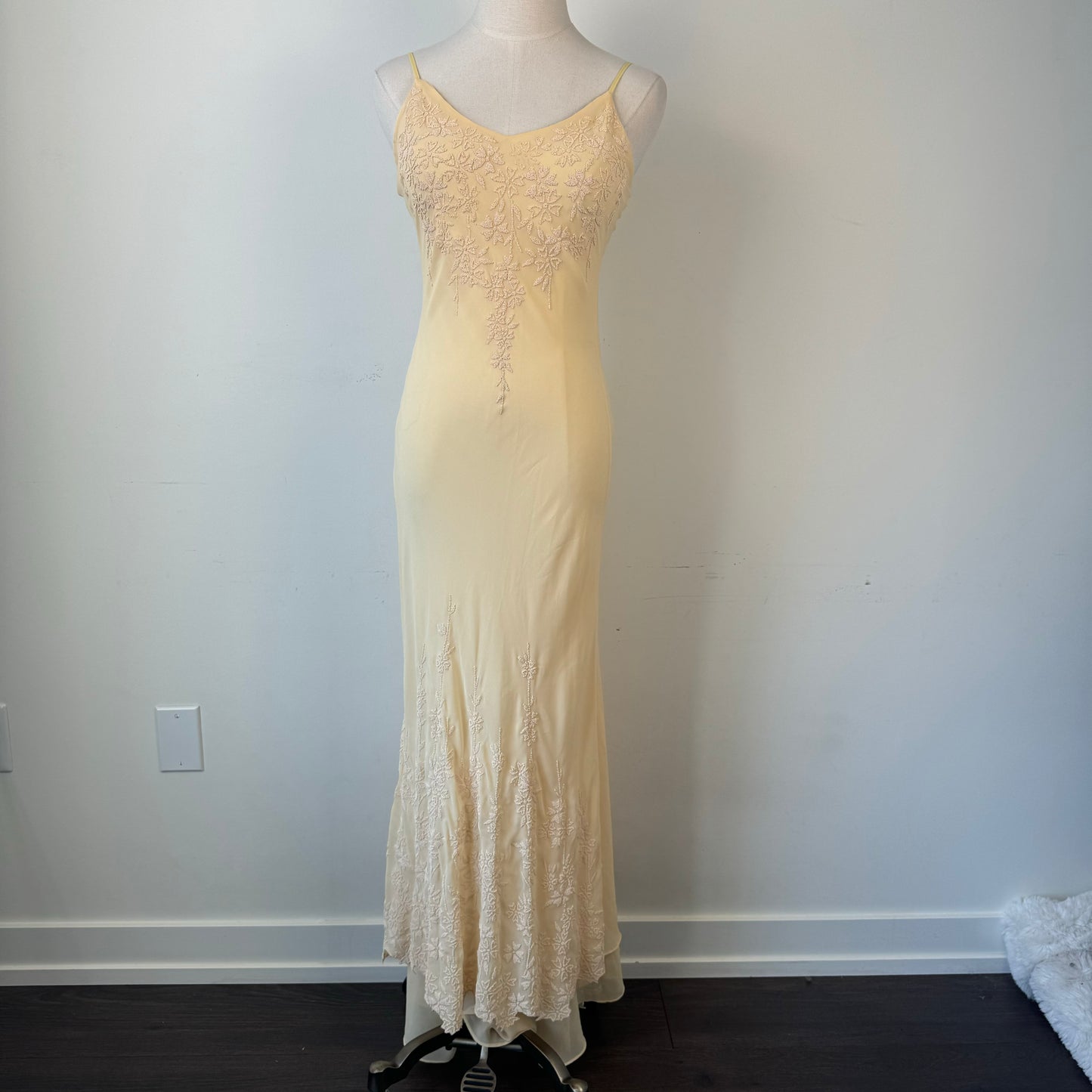 Vintage Butter Yellow Chiffon Beaded Mesh Maxi Dress