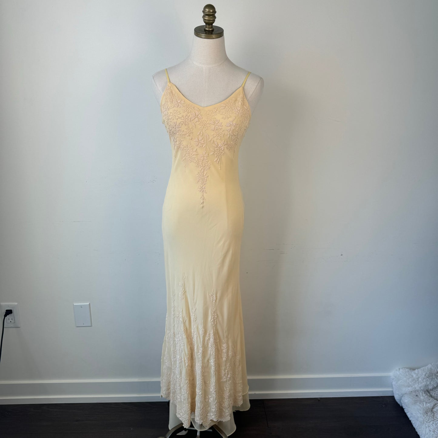 Vintage Butter Yellow Chiffon Beaded Mesh Maxi Dress