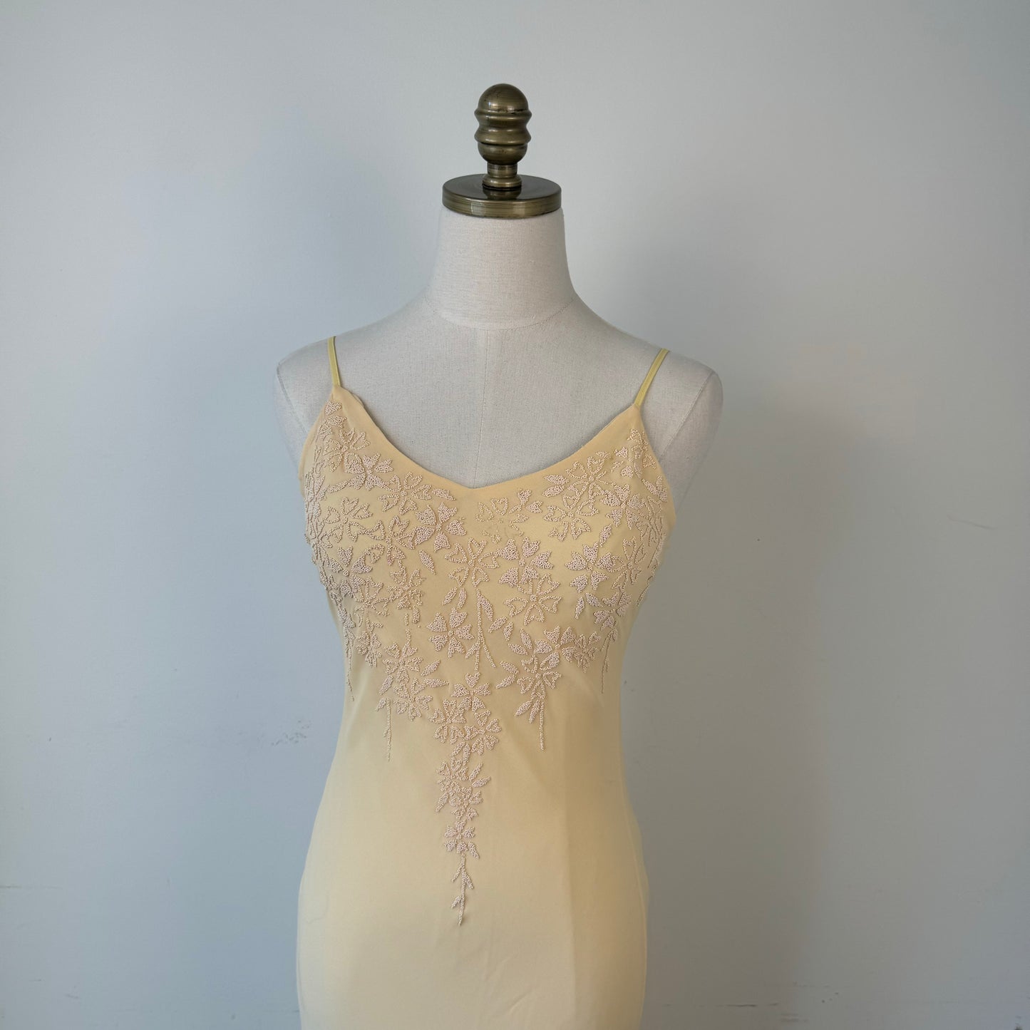Vintage Butter Yellow Chiffon Beaded Mesh Maxi Dress