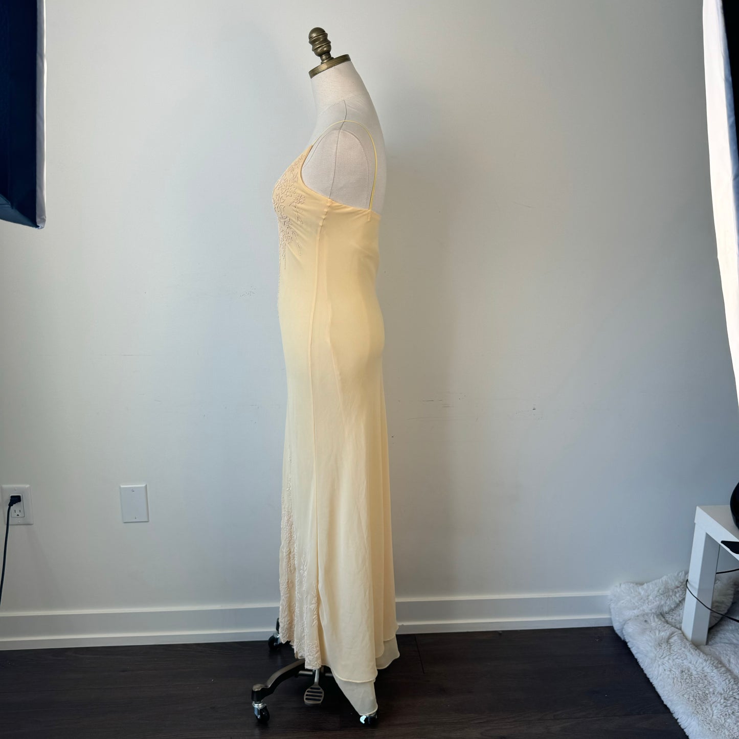 Vintage Butter Yellow Chiffon Beaded Mesh Maxi Dress